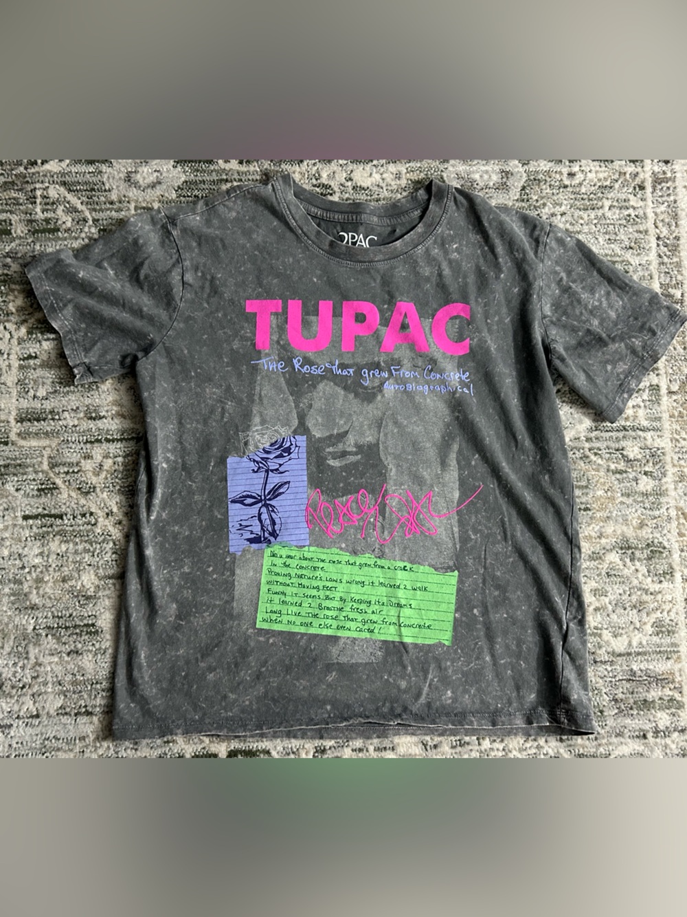Tupac Graphic Short Sleeve Tee - Black with Pink & Green Accents
